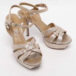 مملوكة مسبقًا Saint Laurent Gold Textured Leather Tribute Platform Sandals Size 36
