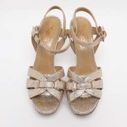 مملوكة مسبقًا Saint Laurent Gold Textured Leather Tribute Platform Sandals Size 36