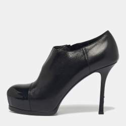 Pre Owned Yves Saint Laurent Black Patent Leather Tribute Booties Size 37.5
