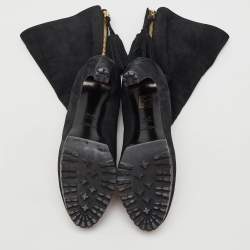Pre Owned Yves Saint Laurent Black Nubuck Leather Tassel Mid Calf Platform Boots Size 37.5