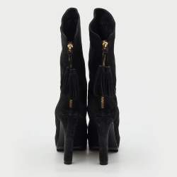 Pre Owned Yves Saint Laurent Black Nubuck Leather Tassel Mid Calf Platform Boots Size 37.5