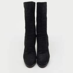 Pre Owned Yves Saint Laurent Black Nubuck Leather Tassel Mid Calf Platform Boots Size 37.5