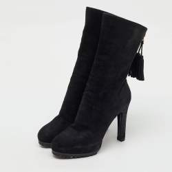 Pre Owned Yves Saint Laurent Black Nubuck Leather Tassel Mid Calf Platform Boots Size 37.5