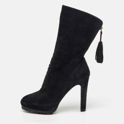 Pre Owned Yves Saint Laurent Black Nubuck Leather Tassel Mid Calf Platform Boots Size 37.5