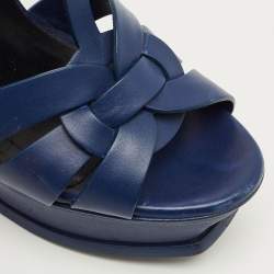 Pre Owned Yves Saint Laurent Navy Blue Leather Tribute Platform Sandals Size 38.5