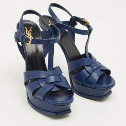 Pre Owned Yves Saint Laurent Navy Blue Leather Tribute Platform Sandals Size 38.5