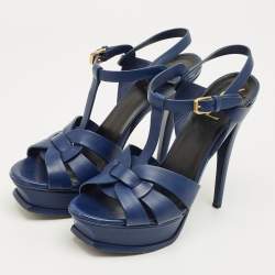 Pre Owned Yves Saint Laurent Navy Blue Leather Tribute Platform Sandals Size 38.5