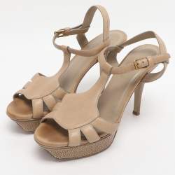 Pre Owned Yves Saint Laurent Beige Leather and Stingray Leather Platform Sandals Size 37