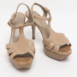 Pre Owned Yves Saint Laurent Beige Leather and Stingray Leather Platform Sandals Size 37