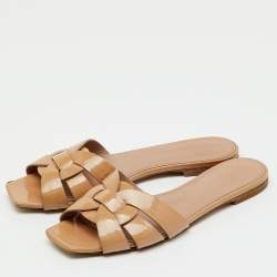 Pre Owned Saint Laurent Beige Patent Leather Tribute Flat Sandals Size 40