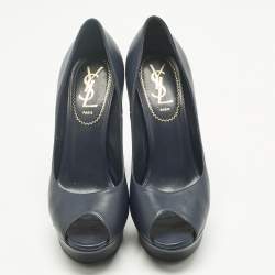 Pre Owned Yves Saint Laurent Navy Blue Leather Platform Peep Toe Pumps Size 36