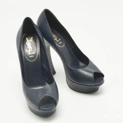 Pre Owned Yves Saint Laurent Navy Blue Leather Platform Peep Toe Pumps Size 36