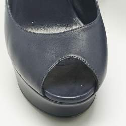 Pre Owned Yves Saint Laurent Navy Blue Leather Platform Peep Toe Pumps Size 36