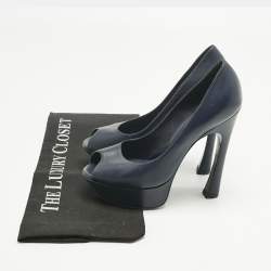 Pre Owned Yves Saint Laurent Navy Blue Leather Platform Peep Toe Pumps Size 36