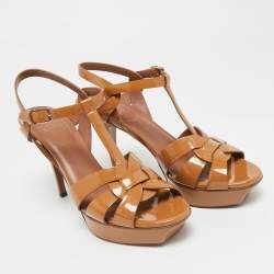 Pre Owned صندل سان لوران إيف تريبيوت جلد براءات اختراع بني نعل سميك مقاس 40