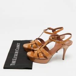 Pre Owned صندل سان لوران إيف تريبيوت جلد براءات اختراع بني نعل سميك مقاس 40