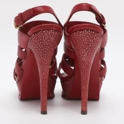 Pre Owned Yves Saint Laurent Tribute Size 35 Red Leather and Stingray Leather Platform Sandals