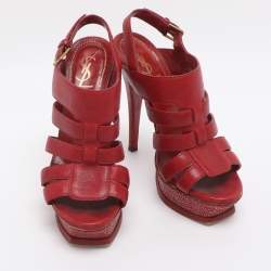 Pre Owned Yves Saint Laurent Tribute Size 35 Red Leather and Stingray Leather Platform Sandals