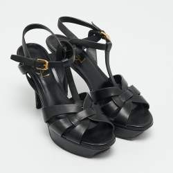 Pre Owned صندل إيف سان لوران تريبوت جلد أسود بنعل سميك مقاس 40