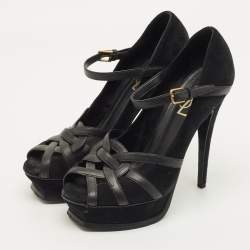 مملوكة مسبقًا Yves Saint Laurent Size 38 Black Leather and Suede Strappy Platform Pumps