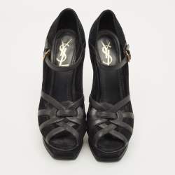 مملوكة مسبقًا Yves Saint Laurent Size 38 Black Leather and Suede Strappy Platform Pumps