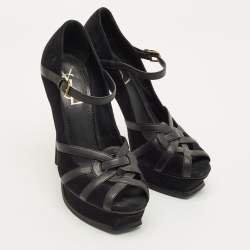 مملوكة مسبقًا Yves Saint Laurent Size 38 Black Leather and Suede Strappy Platform Pumps