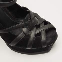 مملوكة مسبقًا Yves Saint Laurent Size 38 Black Leather and Suede Strappy Platform Pumps