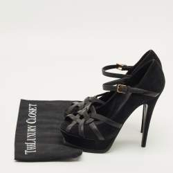 مملوكة مسبقًا Yves Saint Laurent Size 38 Black Leather and Suede Strappy Platform Pumps