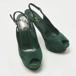 مملوكة مسبقًا حذاء كعب عالي ايف سان لوران شامواه أصفر/رمادي منصة حزام خلفي مقاس 37.5