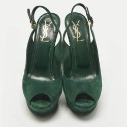 مملوكة مسبقًا حذاء كعب عالي ايف سان لوران شامواه أصفر/رمادي منصة حزام خلفي مقاس 37.5