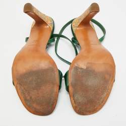 Pre Owned صندل إيف سان لوران لف كاحل جلد لامع أخضر مقاس 38.5