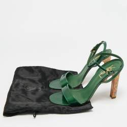 Pre Owned صندل إيف سان لوران لف كاحل جلد لامع أخضر مقاس 38.5