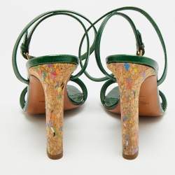 Pre Owned صندل إيف سان لوران لف كاحل جلد لامع أخضر مقاس 38.5