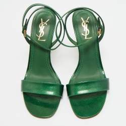 Pre Owned صندل إيف سان لوران لف كاحل جلد لامع أخضر مقاس 38.5