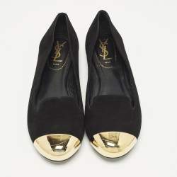 Pre Owned Yves Saint Laurent Size 38 Black/Gold Metal and Suede Cap toe Ballet Flats