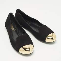 Pre Owned Yves Saint Laurent Size 38 Black/Gold Metal and Suede Cap toe Ballet Flats