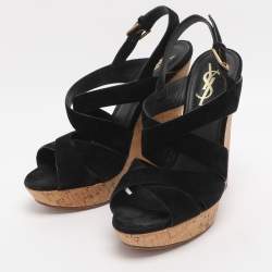 Pre Owned Yves Saint Laurent Deauville Size 38 Black Suede Cork Wedge Slingback Sandals