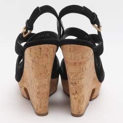 Pre Owned Yves Saint Laurent Deauville Size 38 Black Suede Cork Wedge Slingback Sandals