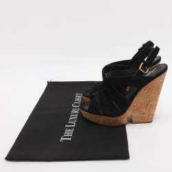 Pre Owned Yves Saint Laurent Deauville Size 38 Black Suede Cork Wedge Slingback Sandals