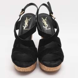 Pre Owned Yves Saint Laurent Deauville Size 38 Black Suede Cork Wedge Slingback Sandals
