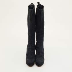 Pre Owned Yves Saint Laurent Size 36.5 Navy Blue Suede Platform Calf Length Boots