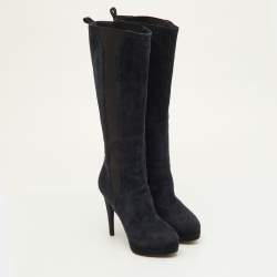 Pre Owned Yves Saint Laurent Size 36.5 Navy Blue Suede Platform Calf Length Boots