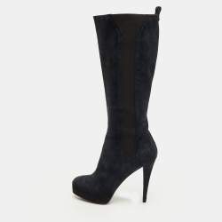 Pre Owned Yves Saint Laurent Size 36.5 Navy Blue Suede Platform Calf Length Boots