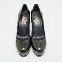 Pre Owned حذاء كعب عالي إيف سان لوران تريبستو جلد لامع أخضر داكن نعل سميك مقاس 37