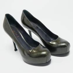 Pre Owned حذاء كعب عالي إيف سان لوران تريبستو جلد لامع أخضر داكن نعل سميك مقاس 37