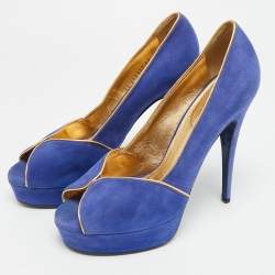 مملوكة مسبقًا Yves Saint Laurent Size 40 Blue/Gold Suede Platform Pumps