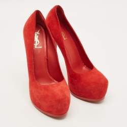 Pre Owned Yves Saint Laurent Tribtoo Size 40 Red Suede Platform Pumps