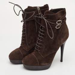 مملوكة مسبقًا Yves Saint Laurent Size 36.5 Dark Brown Suede Lace Up Platform Ankle Length Boots