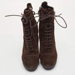 مملوكة مسبقًا Yves Saint Laurent Size 36.5 Dark Brown Suede Lace Up Platform Ankle Length Boots