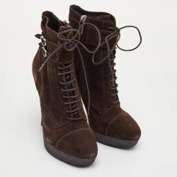 مملوكة مسبقًا Yves Saint Laurent Size 36.5 Dark Brown Suede Lace Up Platform Ankle Length Boots
